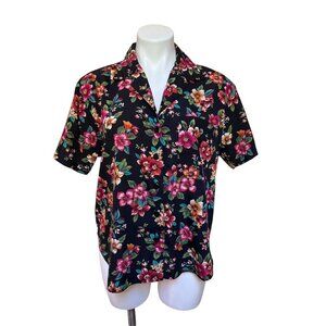 Vintage 90s Hawaiian Floral Print Aloha Shirt USA Black Pink Size M